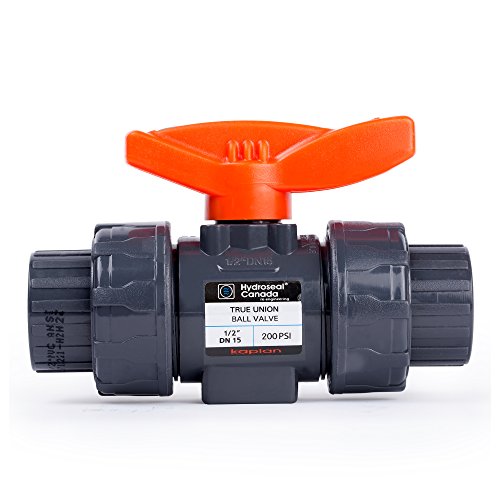 HYDROSEAL Kaplan 1/2" PVC True Union Ball Valve with Full Port, ASTM F1970, EPDM O-Rings and Reversible PTFE Seats, Rated at 200 PSI @73F, Gray, 1/2 inch Socket (1/2") - size: 1/2 Inch