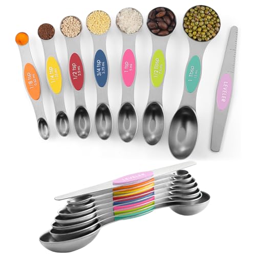 ChefAide Pack of 8 Stainless Steel Magnetic Measuring Spoons Set, Dual Sided, Stackable, Adjustable Teaspoon and Tablespoon Measure Spoon with Leveler, Kitchen Gadgets - color: Multicolor-2, size: Magnetic Measuring Spoons