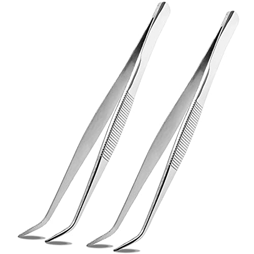 2PCS 8 Inch Stainless Steel Tweezers with Curved Serrated Tip Heavy Duty Tweezer Tongs for Cooking Crafting Repairing - size: 8 Inch