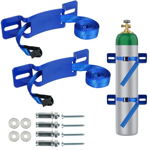 2PCS Gas Cylinder Wall Mounted Brackets, with 59 inches Safety Nylon Belt, Steel Propane Tank Holder, Heavy Duty Oxygen Nitrogen Tank Bracket for OTG Rv Water Softener - Blue - color: Blue