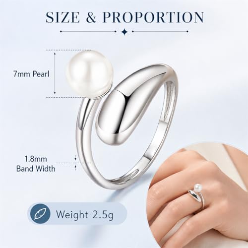 Chunky Rings for Women Statement Adjustable Pearl Ring Turquoise Spoon Ring Sunflower Dainty Open Ring Non Tarnish Unique Jewelry Gift - color: Silver Pearl