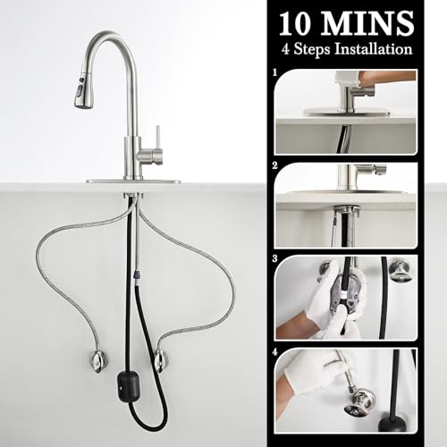 Ibergrif Kitchen Faucets with Pull Down Sprayer, Single Handle High Arc Brushed Nickel Stainless Steel 1 or 3 Hole Kitchen Sink Faucet with Deck for RV Laundry Farmhouse Bar