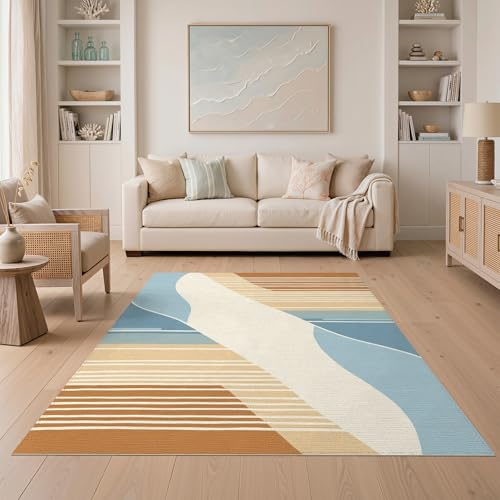 5'x7' Washable Contemporary Stripe Area Rug, Burnt Orange Flatwoven Floor Covering for Dining Room, Under Table, Home Office, Non-Slip Chair-Friendly Carpet | Ref:1993950 - color: Beige/Pattern 24, size: 5' x 7' (Rectangular)