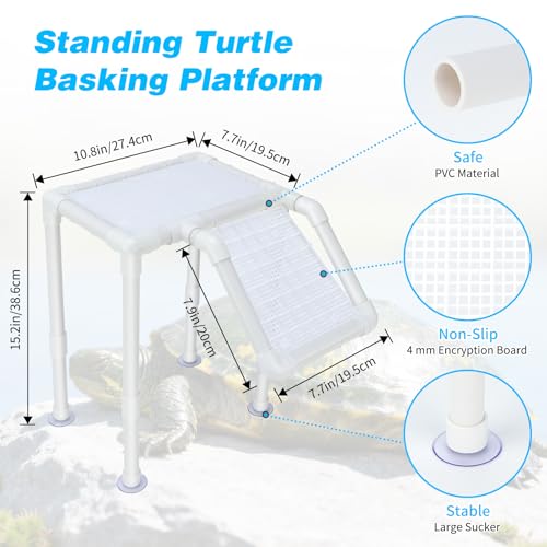 SKARUS White Adjustable Standing Turtle Basking Platform (6.49"-15.16" H) – 10.8"×8.7" Suspended Aquarium Dock with Offset Non-Slip Ramp, Above Water Dry Area for 20–55 Gallon Tanks - color: White, size: 10.8"W