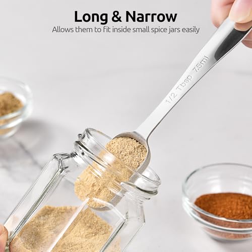 U-Taste Narrow Square Measuring Spoons: 18/8 Stainless Steel Kitchen Measure Teaspoon Tablespoon with Leveler, Polygon Rectangular Metal Jar Scoop for Baking Cooking, Coffee, Spice, Powder (Set of 7) - size: M-6+1 pcs (square)