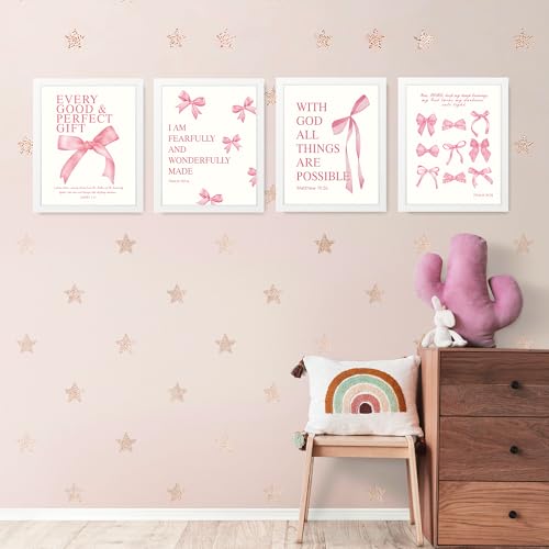LARTSFRO Coquette Pink Bow Wall Art Decor Posters, Pink Bow Room Bedroom Bathroom Dorm Wall Art Decor Aesthetic for College Teen Girls Gifts, Inspirational Bible Verses Bow Wall Decor, 10x8 Inch Set of 4 Pcs Bow Pictures (WHITE FRAMED) - color: White-Fram