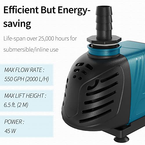 Uniclife Aquarium 550 GPH Submersible and Inline Water Pump 45W 6.5ft High Lift AC 120 V Quiet Compact Return Pump with 6 ft. Power Cord for Fish Tanks Pond Waterfalls Fountains Sumps and Gardens - size: 550GPH