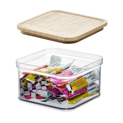 iDesign Recycled Plastic Crisp Storage Bin with Lid, The Rosanna Pansino Collection – 6.53” L x 6.53” W x 3.96” H, Clear Bin with Natural Wood Lid - size: Small
