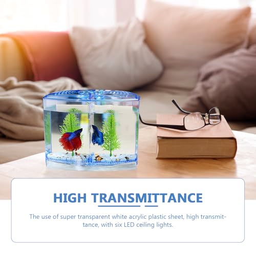 Transparent Mini Fish Tank 7.08X5.51X3.54In Small Goldfish Aquarium with Luminous Aquatic Plants Desktop Breeding Tank Home Decor