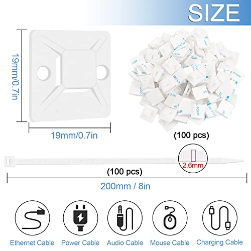 Zip Tie Mounts - SeuYeugX 100 PCS Cable Self Adhesive Mounts Set for Wire Management with Stick Pads Anchors Clips Squares Holders (White) - color: 100pack White