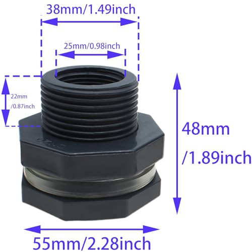 2PCS 3/4 Inch Water Tank Connector Grey PVC Female Threaded Thru-Bulk Pipe Fittings with Plug and Gasket for Rain Barrels and Aquariums