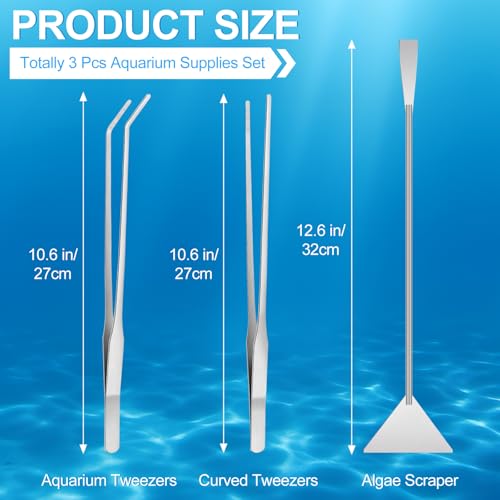 Terrarium Supplies 3 PCS, Stainless Steel Aquarium Supplies Set, Include Long Aquarium Tweezers, Curved Tweezers, Algae Scraper for Fish Tank Cleaning Plant Trimming