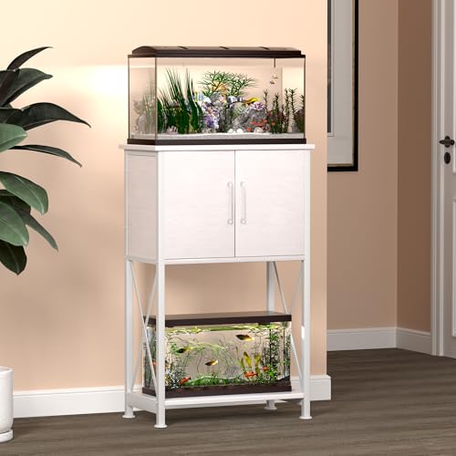 Herture 5-10 Gallon Fish Tank Stand, Metal Double Aquarium Stand with Cabinet for Fish Tank Accessories Storage, Heavy Duty 20.5" L* 11.02" W Tabletop, 500LBS Capacity White PG06YGW - color: White, size: 5-10 Gallon