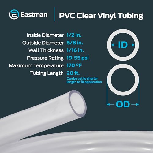 Eastman 1/2 Inch ID (5/8 Inch OD) PVC Clear Vinyl Tubing, 20 Foot Length, 98622 - size: 1/2 in. ID x 5/8 in. OD, style: 20 Ft.