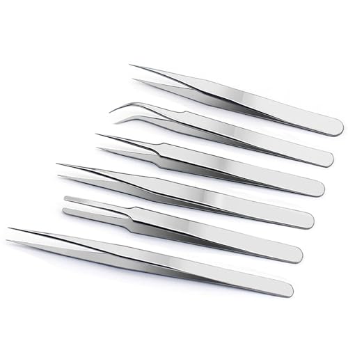 H&W Precision Tweezers 6PCS Set, Upgraded Anti-Static Stainless Steel Curved of Tweezers, for Electronics, Laboratory Work, Jewelry-Making, Craft, with Storage Bag