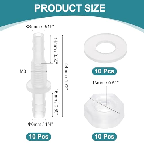 uxcell 10Pcs Plastic Hose Barb Fitting, 3/16" x 1/4" Bulkhead Adapter Union Splicer Mender Pipe Connector with M8 Nut and Washer for Aquarium Air Water Fuel - size: 3/16" x 1/4", M8 Nut