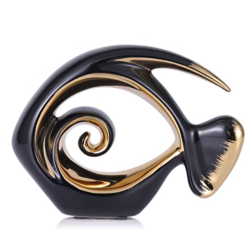 Black Gold Ceramic Fish Figurines - Coastal Home Decor, Modern Ocean Centerpieces for Living Room, Dining Area, Bathroom, Office, Coffee Table, Beach House, Nautical, Seaside, Entrance, Shelf Display - color: Black, size: Small