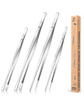 4 Pcs Fine Long Tweezer Tongs Professional Silver, 12'' and 10'' Stainless Steel for Kitchen, Food, Cooking, Repairing, Sea food and BBQ - color: Silver