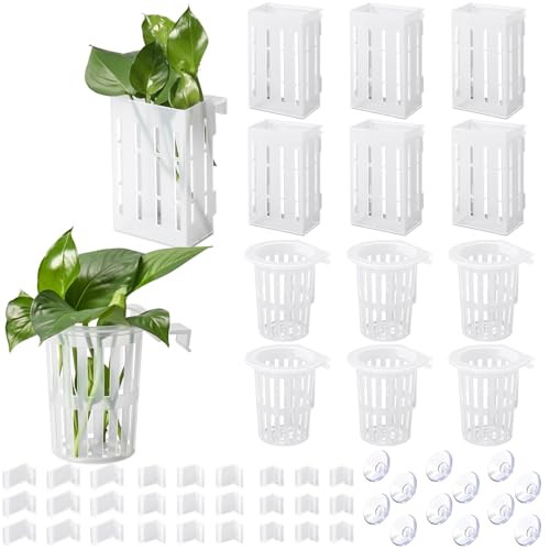 Chunful 12 Set Upgraded Large Aquarium Plant Holder Contain 12 Hanging Aquatic Pot with 72 Hooks and 24 Aquatic Planter Suction Cups for Fish Tank Aquarium Cultivation and Aquascape Decoration (Clear) - color: Clear