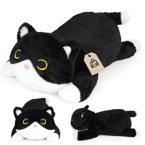 Weighted Cat Stuffed Animal,Cute Black and White Tuxedo Cat Plush Soft Weighted Plushies, Cuddleable Sensory Comfort Pillow for Kids Boys Girls Christmas Birthday Gift，17in 1.6lbs - color: Black and White, size: ['17 inches (45 cm)']