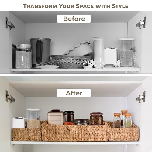 KOKODO Rectangular Wicker Storage Baskets for Shelves, Set of 3 Water Hyacinth Woven Bins with Handles, Open Front Pantry Shelf Organizer for Closet, Bedroom, Boho Decorative, Natural - color: Open Front - Set 3