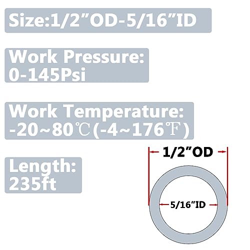 Pneumatic 1/2" OD Tubing 235Ft PU Air Tube Hose Pipe for Air Line or Water Transfer (Clear) - color: Clear, size: 1/2"OD