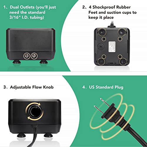 hygger 5W/10W Ultra Quiet Aquarium Air Pump, Adjustable Oxygen Aerator with Dual Outlets – 160 GPH/250 GPH for Fish Tanks up to 150 Gallons/600 Gallons - size: 10W, Up to 600 Gallon Tank