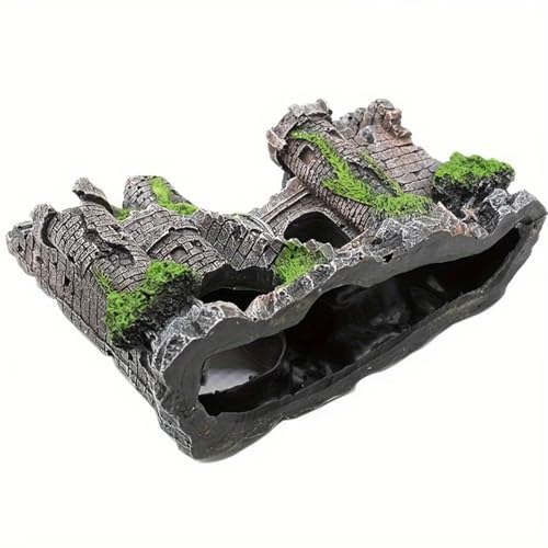 Ancient Castle Ruins Aquarium Ornament, Resin Fish Tank Decoration with Moss Accents, Hidden Cave Shelter for Betta Fish, Breeding & Hiding Habitat Decor, Black