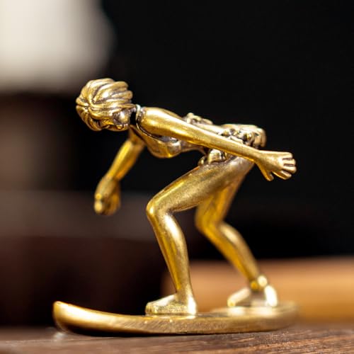CHOVY 1PC Vintage Brass Surfing Girl Statue - Charming & Cute Decor Ideal for Home, Office, or Café - Perfect Artistic Ornament for Bookshelf, Living Room, and Desktop
