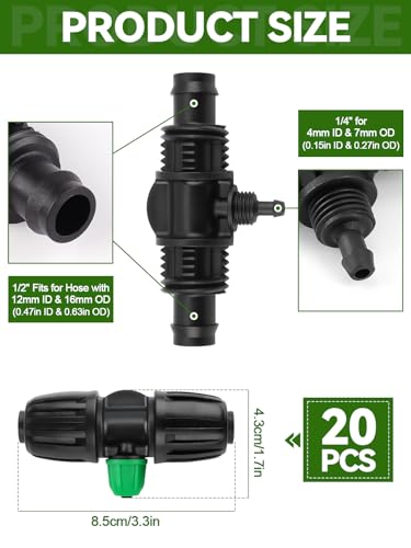 Kalolary 20PCS Locked Barbed Tee Connectors, 1/2” to 1/4” Drip Irrigation Fittings Kit 12/16mm to 4/7mm Tube Lock Female Connector 3-Way Barbed Lock Irrigation Parts for Watering System (Black Green) - color: Black Green 1/2" to 1/4" 3-Way