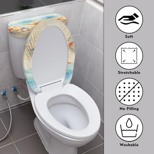 Toilet Lid Cover and Toilet Tank Lid Cover 2 Pieces, with Elastic Edge Bathroom Accessories Decorations Fit for Most Round Elongated and Oblong Lids, Starfish Seashell Painting - color: Starfish Seashell Painting