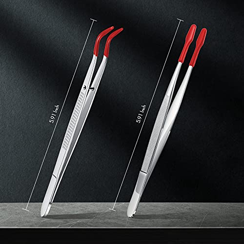 2 Piece Tweezers with Rubber Tips Set - Bent and Straight Flat Tips Tweezers PVC Coated for Stamp Coins Jewelry Crafts, Electronics(Silver, Red) - color: Silver, Red