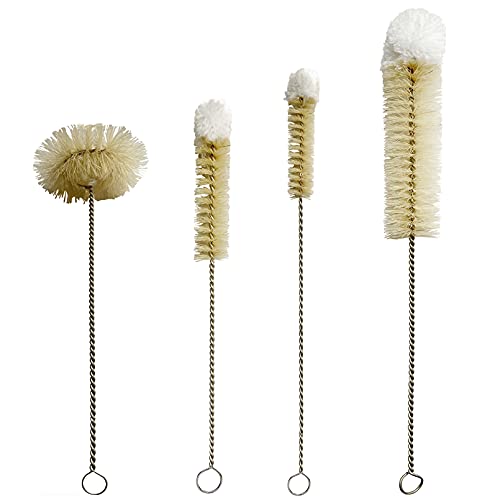 Bottle Brushes Thin Long Handle X 4, Skinny Wire Cleaner Set in Stainless Steel with Natural Boar Bristle at Wool Tip, Bendable Flexible for Cleaning Narrow Neck Bottles, Pipe, Tube, Hose