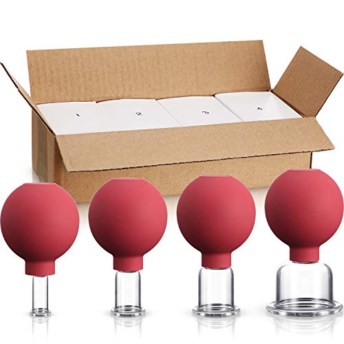 BBTO 4 Pieces Glass Cupping Set Glass Silicone Cupping Cups Massage Vacuum Suction Cupping Cups for Body Face Leg Arm Back Shoulder Muscle and Joint Pain (Red) - color: Red