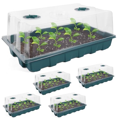 YoleShy 5 Packs Seed Starter Tray with Dome Reusable Plastic Plant Growing Trays with Humidity Domes Lids Thickened Sturdy for Seed Starting Germination Growing Seedling Propagation,14.5"x9" - size: 5 Pack with Domes - Green