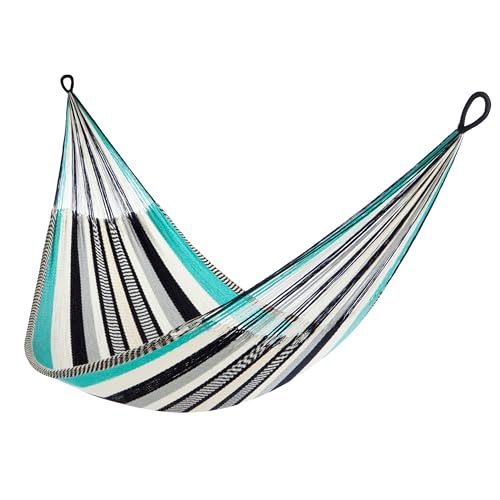 Handwoven Hammock by Yellow Leaf Hammocks - Family Size, Fits 2+ PPL, 550lb max - Weathersafe, Super Strong, Easy to Hang, Ultra Soft, Artisan Made - Color: Turquoise - Black -White - color: Zanzibar- Turquoise, Black and White, size: Fits 1-2+ People (55