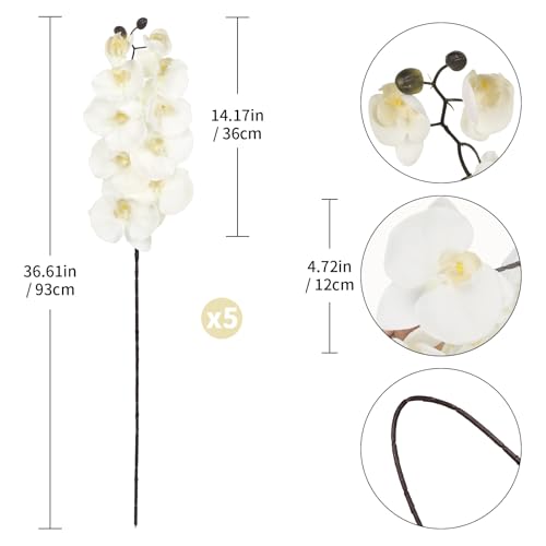 36'' White Orchids Artificial Flowers 10 Large Blooms Faux Phalaenopsis Branches 5PCS Fake Silk Orchids Stems for Tall Vase for Wedding Home Table Party Decor (White) - color: White