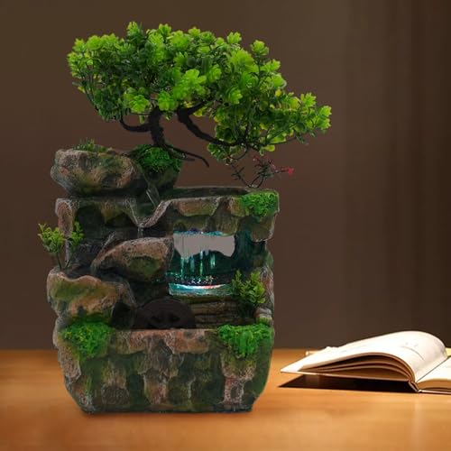 Rockery Water Fountain, Creative Feng Shui Wheel Waterfall with Reliable Circulating Pump and Color-Changing LED Lights, Compact Desktop Decor for Living Room, Office, Bedroom Ambiance - size: E