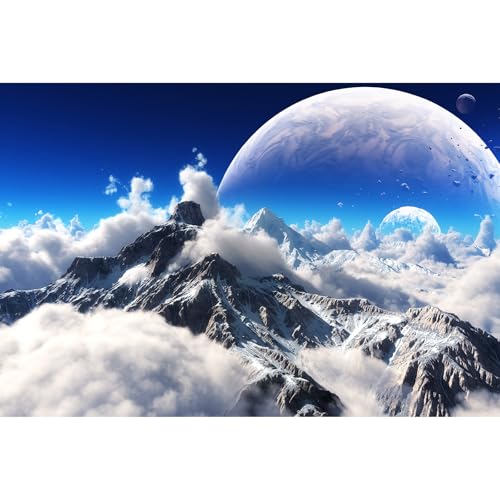 Celestial Aquarium Backdrop Snow Capped Mountains Alien Planet Terrarium Background Space Planets and Natural Landscape Fish Tank Backdrop Tranquil Natural Cloudy Sky Aquarium Backdrops 36x18in - color: White_Blue, size: 36(W)x18(H)in