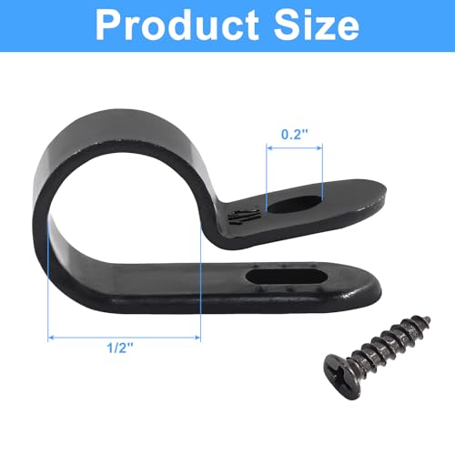 Hordion 50 Pack 1/2 Inch R-Type Cable Clips Cable Clamp, Nylon Mounting Clips Wire Fasteners for Electrical Wire Cord Management, Black