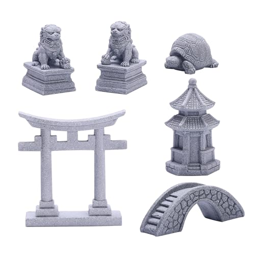 6 PCS Mini Zen Garden Accessories, Miniature Garden Bridge Foo Dogs Torii Gate Sandstone Figurines Meditation Zen Decor Japanese Fish Tank Terrarium Bonsai Decorations (Art Deco) - style: Art Deco