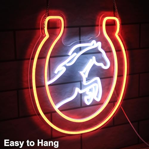 Horse Neon Sign for Wall Kentucky Derby Preakness Stakes Decoration Horseshoe Neon Light Cool Animal LED Sign for Bedroom Bar Man Cave Horse Racing Party Decor Western Cowboy Men Gifts - color: Orange White
