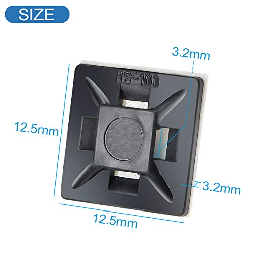 XHF 200 PCS 1/2" Black Self Adhesive Cable Zip Tie Mounts Wire Cable Clips Holders Management Anchors Organizer Holders Squares(HS-100) - color: Black, size: 1/2"-200pcs