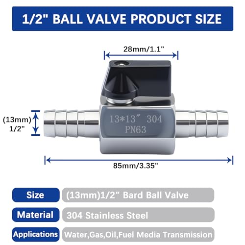 1/2″ Hose Barb Ball Valve, 304 Stainless Steel Mini Fuel Shut Off Valve,Heater Hose Shut Off Valve for Water Gas Fuel Drip Irrigation and Aquariums - size: 1/2″ Hose Barb