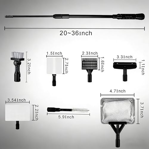 Carefree Fish 9IN1 Aquarium Cleaning Tools Long Handle Adjustable Length 20~36Inch Fish Tank Cleaner Kit Algae Scraper Scrubber Brushes Set Plant Scissor Long Tweezer - size: 20~36In