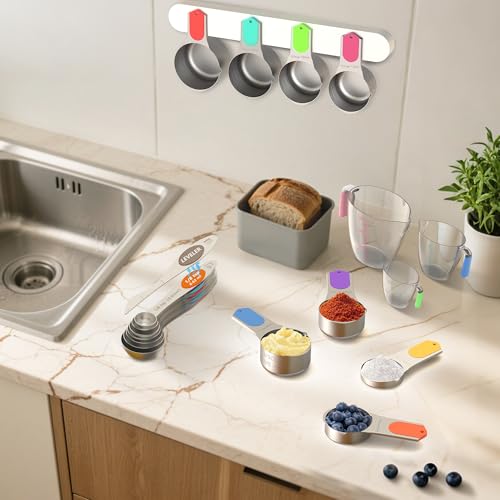 Magnetic Measuring Cups and Spoons Set, 5 Stainless Steel Measuring Cups, 7 Magnetic Measuring Spoons & 1 Leveler, 3 Plastic Measuring Cup with 1 Measuring Conversion Chart - color: Silver