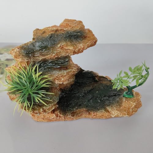 Aquarium Mountain View Stone Ornament with Tree, Artificial Resin Fish Tank Rock Cave Hill Landscape Decoration, Small Fish Hideaway Hideout for Betta Crab Shrimp