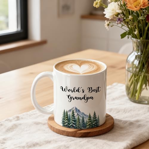 World’s Best Grandpa Ceramic Mug, Forest Watercolor Style Drinking Cup For Best Grandpa, Funny Mountain Theme Coffee Mug For Men, Christmas Retirement Thank You Gifts For Grandfather - color: White16