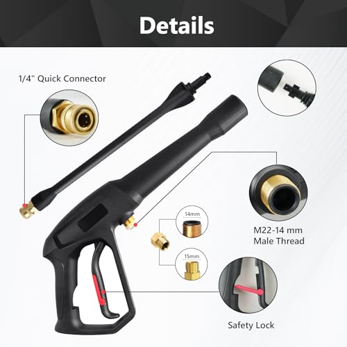 Pressure Washer Gun with 5 pcs Quick Connect Nozzles,Compatible with Karcher, Ryobi,Powerstroke,Greenworks, Husky, Raptor Blast,Electric Power Washer,with M22-14mm and M22-15mm Fitting Replacemen