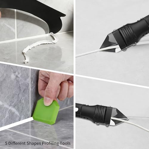 Caulking Tool 5 in 1, Caulk Remover & Silicone Sealant Finishing Kit with Grout Scraper and 6 Silicone Pads, Ideal for Kitchen, Bathroom, and Window Sealing - style: 5 IN 1 with Scraper Set